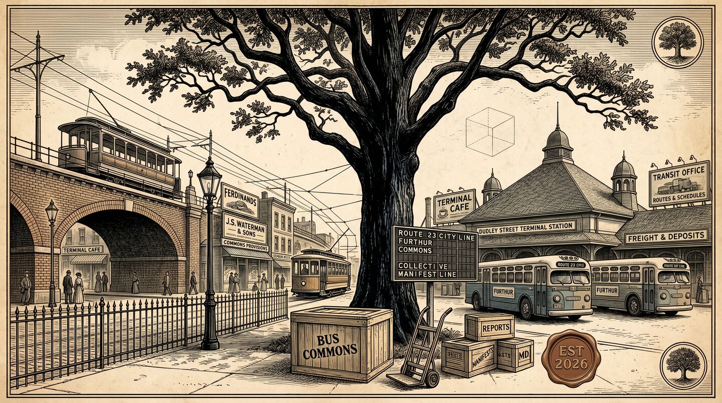 Pen-and-ink engraving of the old Dudley Street Terminal Station in Roxbury — elevated railway, streetcars, buses, a small wireframe cube in the sky, and a shipping crate lettered BUS COMMONS, sealed EST 2026.